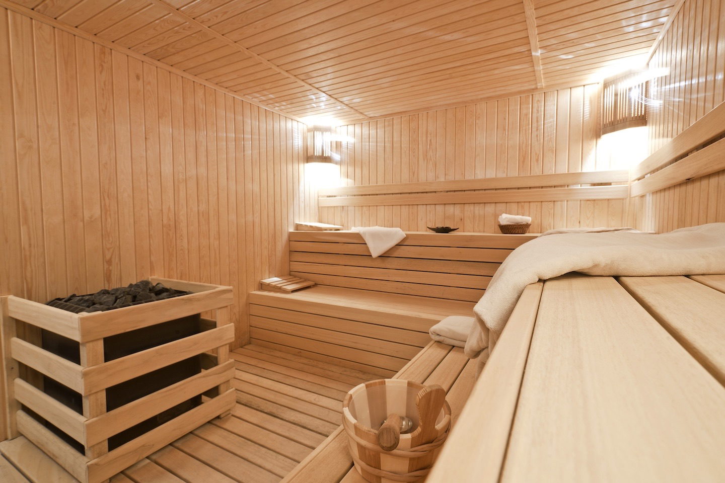 Interior of a wooden sauna.