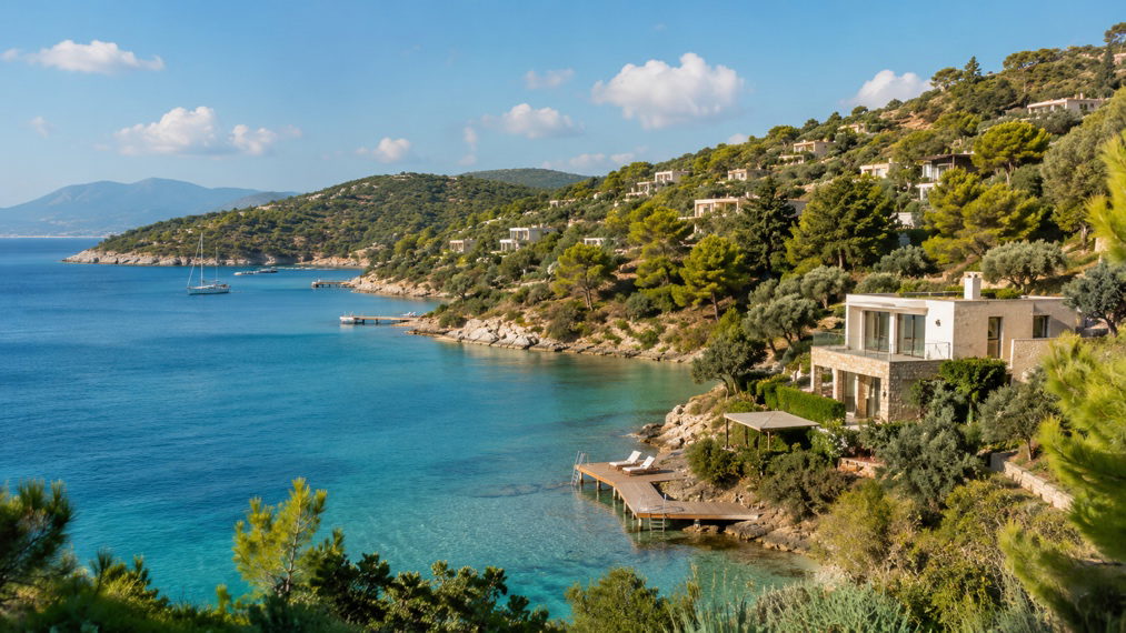 Adabükü'nün doğal güzellikleri, modern yaşam alanları ve sakin atmosferiyle Bodrum'da öne çıkan yaşam deneyimini yansıtan manzara.