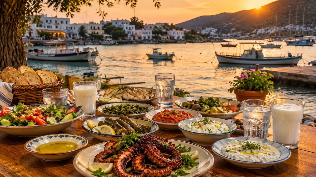 Adabükü'nde deniz manzarası eşliğinde Ege mezeleri, taze deniz ürünleri ve yöresel lezzetlerle hazırlanan otantik Ege sofrası.