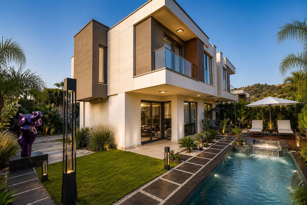 Shelton Magia'nın Adabükü'ndeki modern villalarında doğayla iç içe, huzurlu ve ayrıcalıklı Bodrum yaşamını yansıtan manzara.