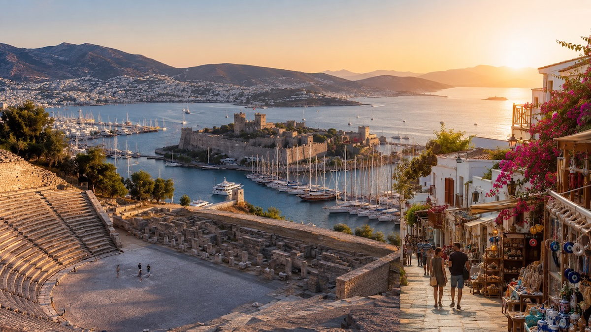 Bodrum Kalesi, Sualtı Arkeoloji Müzesi, Antik Tiyatro ve Bodrum Marina'nın tarihi, kültürel ve doğal güzelliklerini yansıtan şehir manzarası.