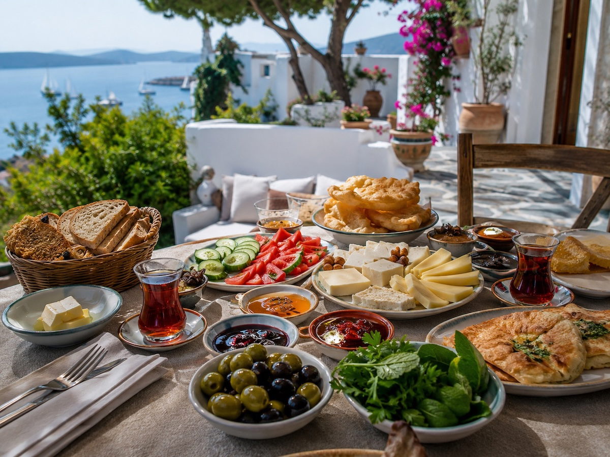 Bodrum'da kahvaltı kültürünü yansıtan, yöresel peynirler, zeytinler, ev yapımı reçeller, otlu börek ve pişiyle hazırlanan geleneksel serpme kahvaltı sofrası.