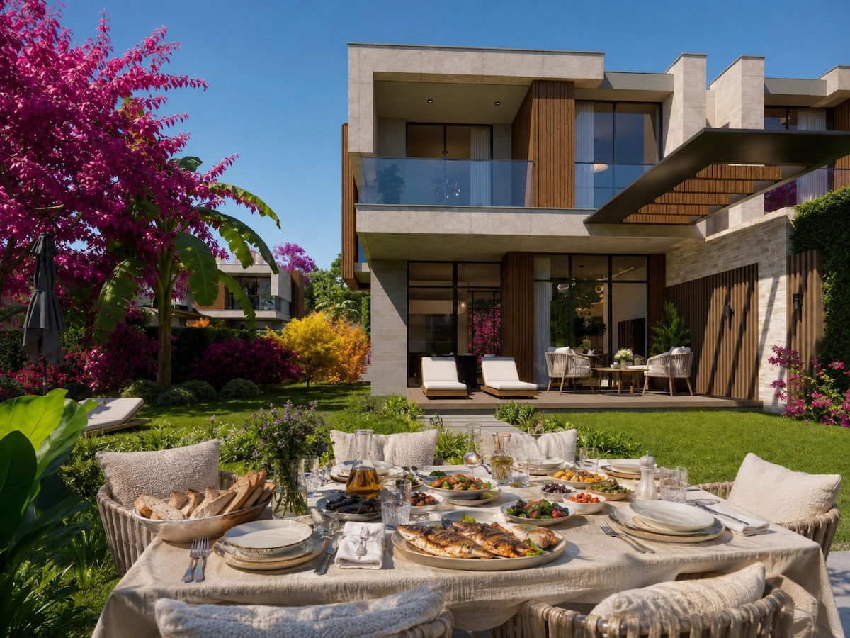 Shelton Bodrum'da modern villada, sevdikleriyle birlikte bahçede vakit geçiren aileyi yansıtan ayrıcalıklı Bodrum yaşamı.