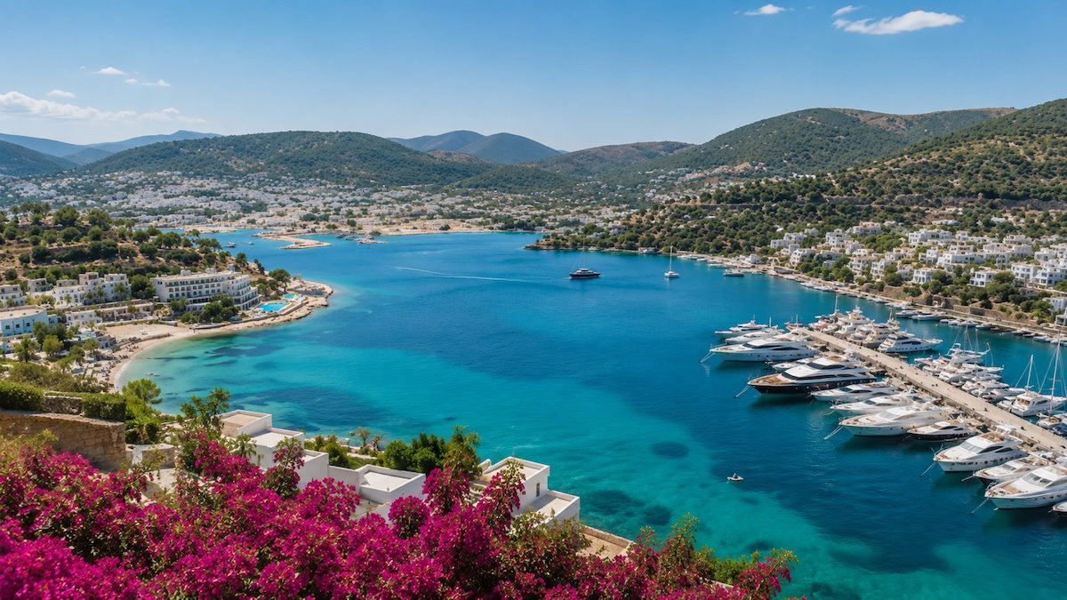 Bodrum Gündoğan ve Türkbükü'nde turkuaz deniz, lüks marinalar, doğal koylar ve Ege kıyılarını yansıtan sahil manzarası.