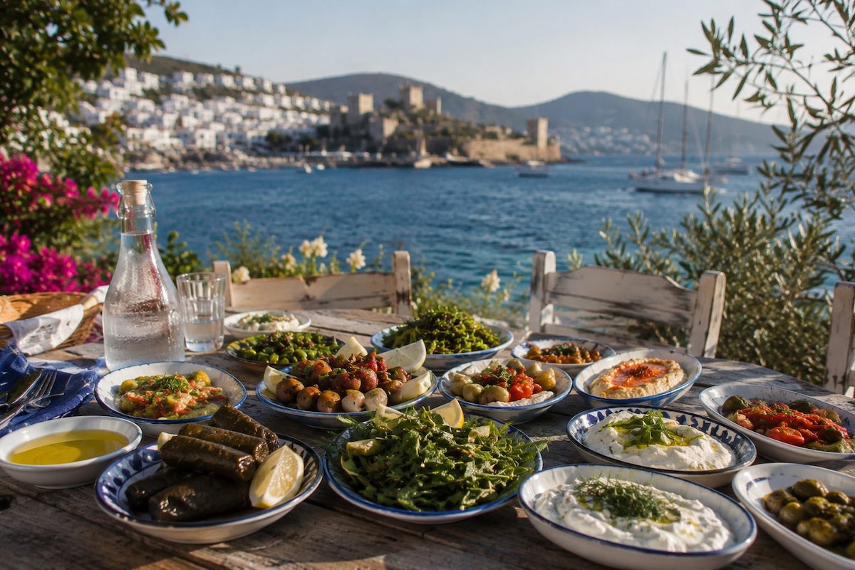 Ege otları, zeytinyağlı mezeler ve yöresel lezzetlerle hazırlanan geleneksel Ege meze sofrası.